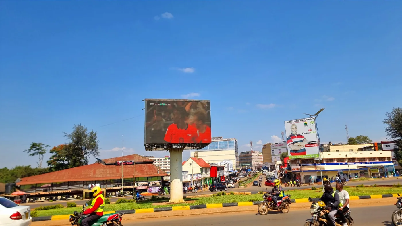 Front-facing view of the screen at the Kitale roundabout